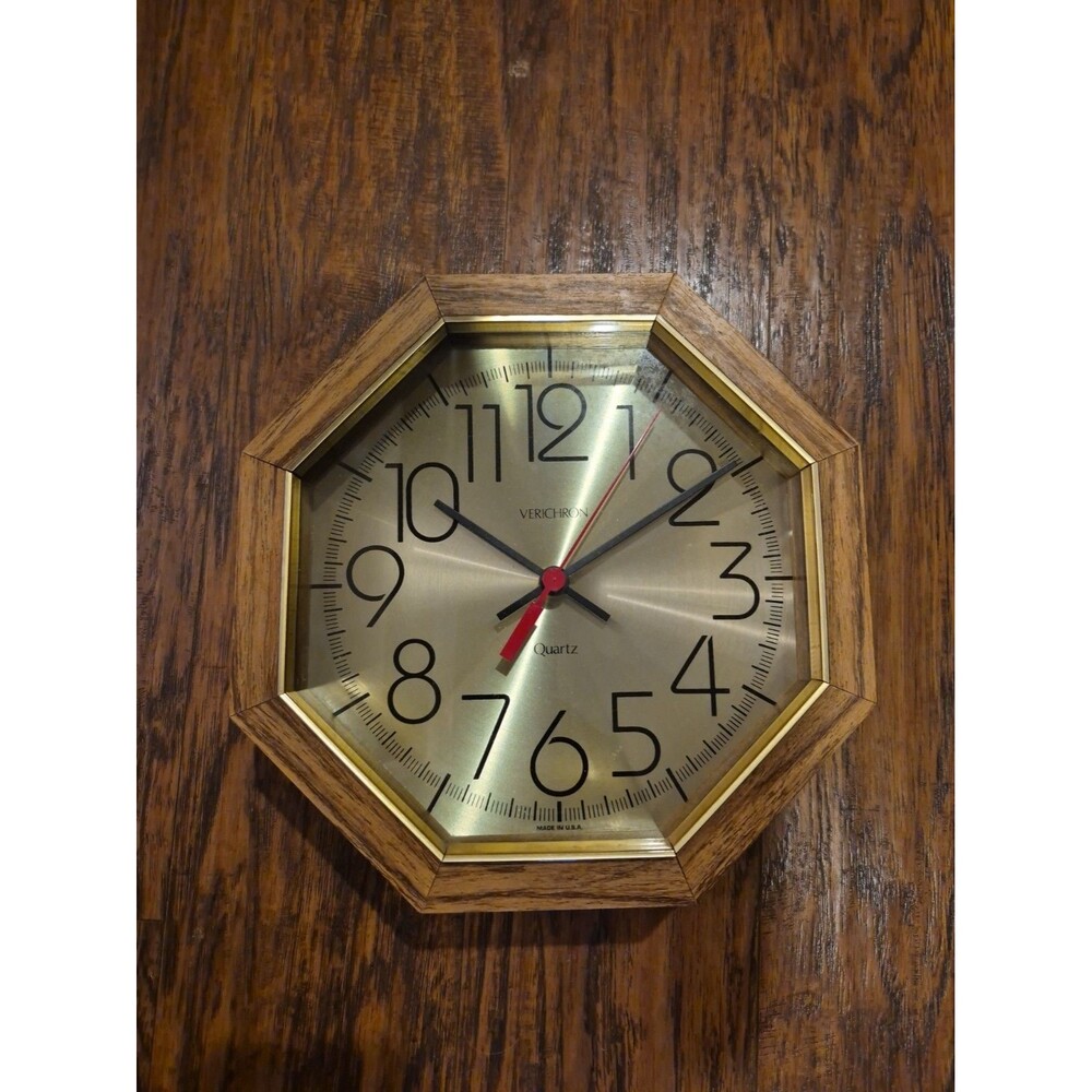 Vintage MCM Verichron 10" Octagonal Quartz Wall Clock Wood Gold Trim Made In USA